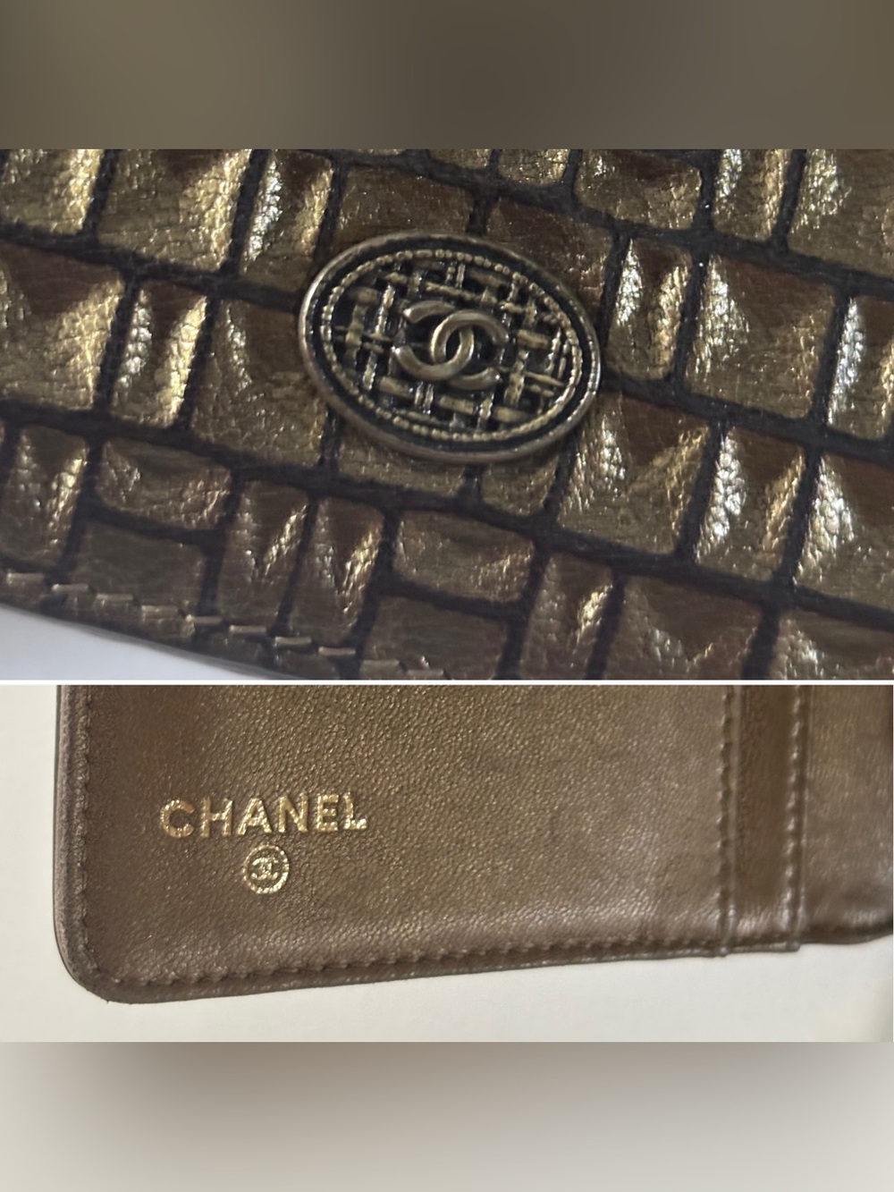 CHANEL Metallic Bronze Mosaic Tile Texture Wallet w/ Box & Crossbody Chain RARE - Picture 3 of 17